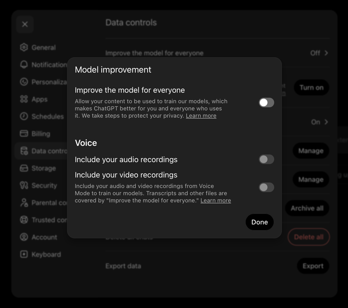 Impostazioni OpenAI per disattivare la condivisione dati